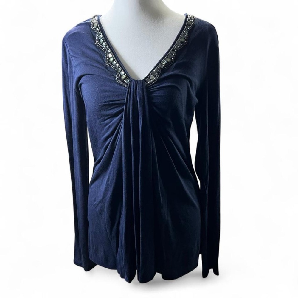Willi Smith Women’s Navy Beaded Neckline Ruched Long Sleeve Top Size S